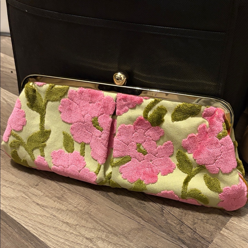 Floral Embroidered Clutch - Pink and Green